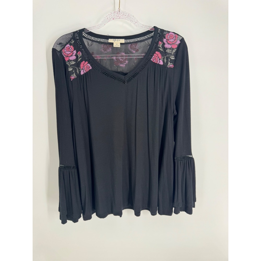 Style & Co Womens Black Floral Embroidered Mesh V-Neck Bell Sleeve Top Size M